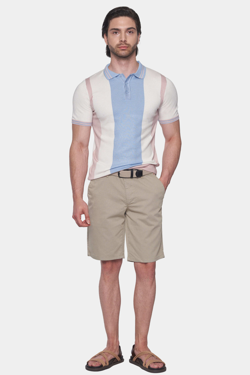Pastel striped cotton polo shirt with light blue collar and button placket, short sleeves
