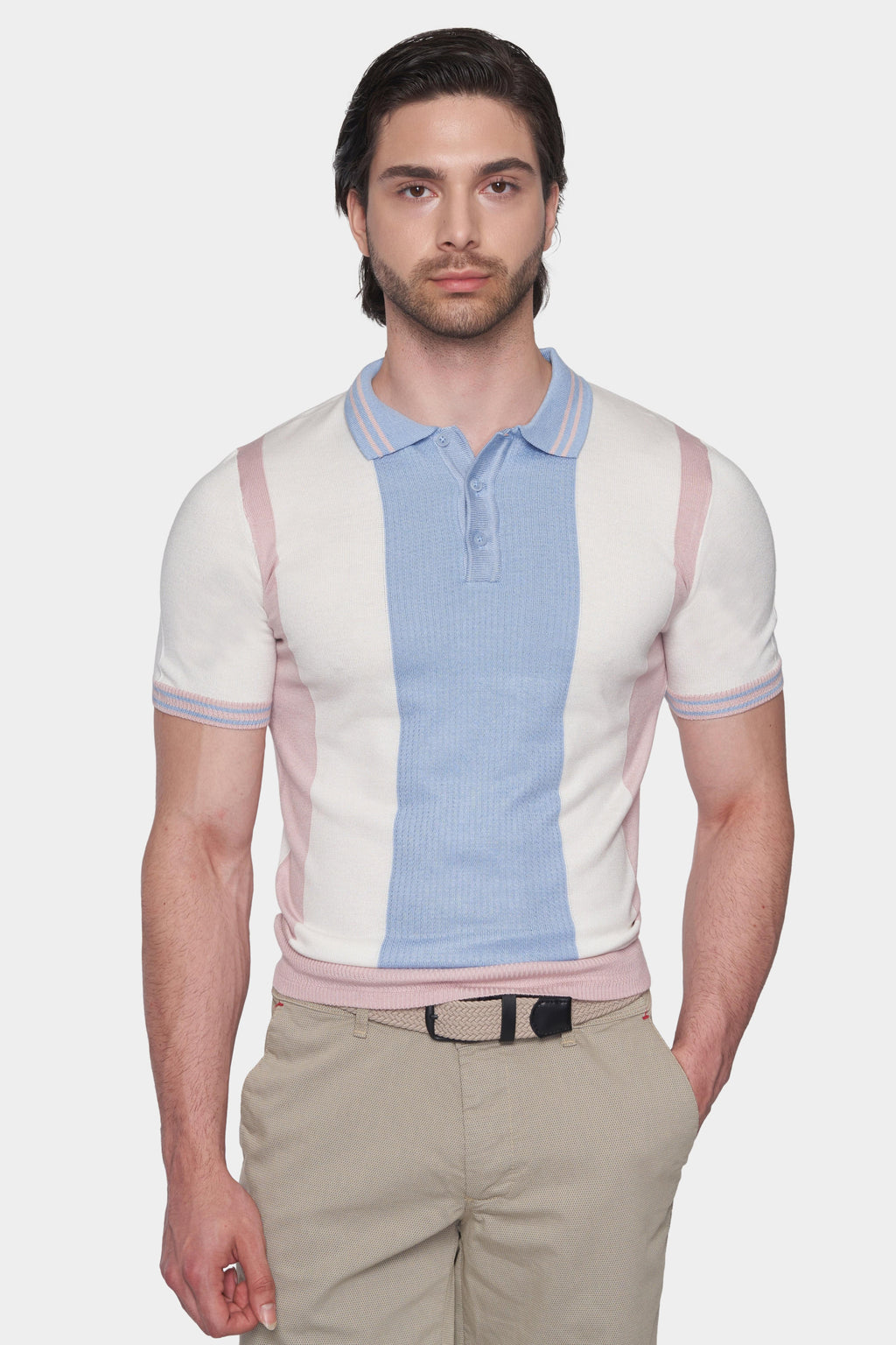 MerceriZed cotton polo shirt in pastel stripes with light blue collar, knit short sleeves