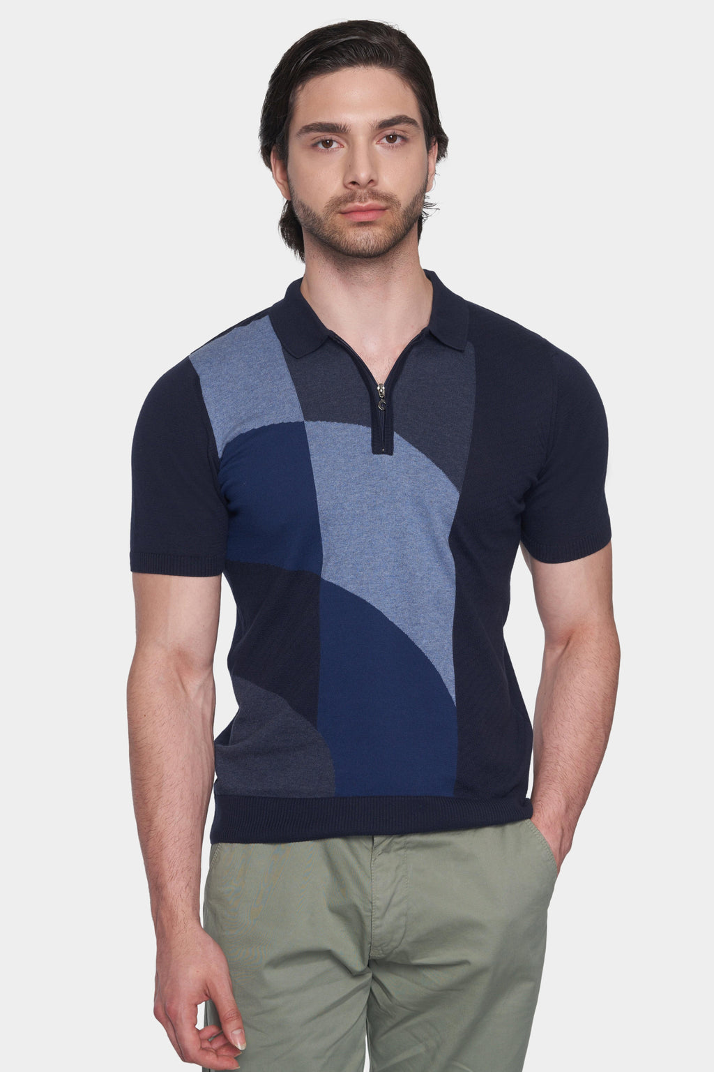 Navy and slate blue color-block cotton polo with half-zip collar