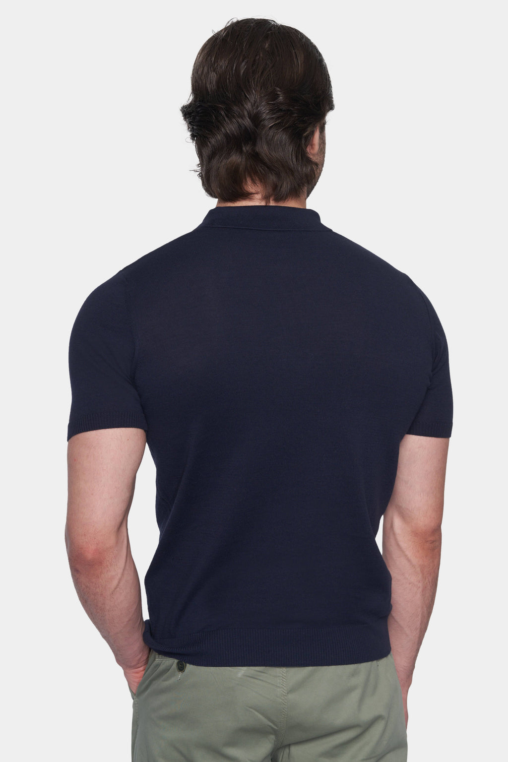 Navy cotton polo shirt with short sleeves and plain back