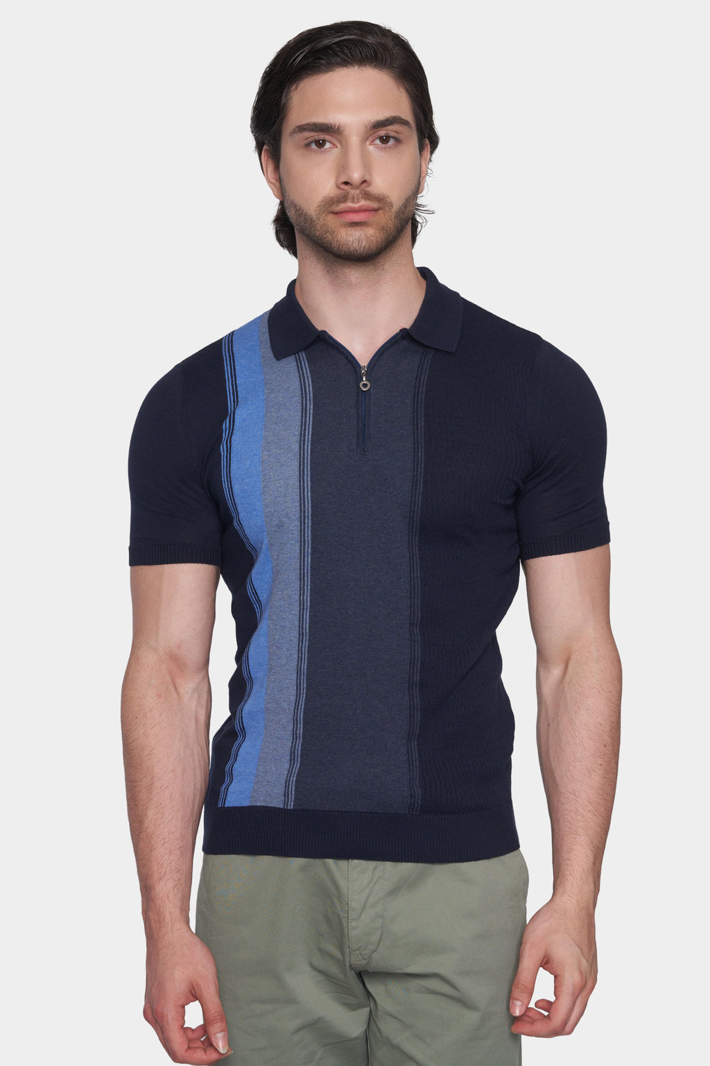Men's dark blue cotton polo with half-zip collar and vertical blue stripe panel