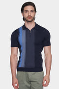 Men's dark blue cotton polo with half-zip collar and vertical blue stripe panel