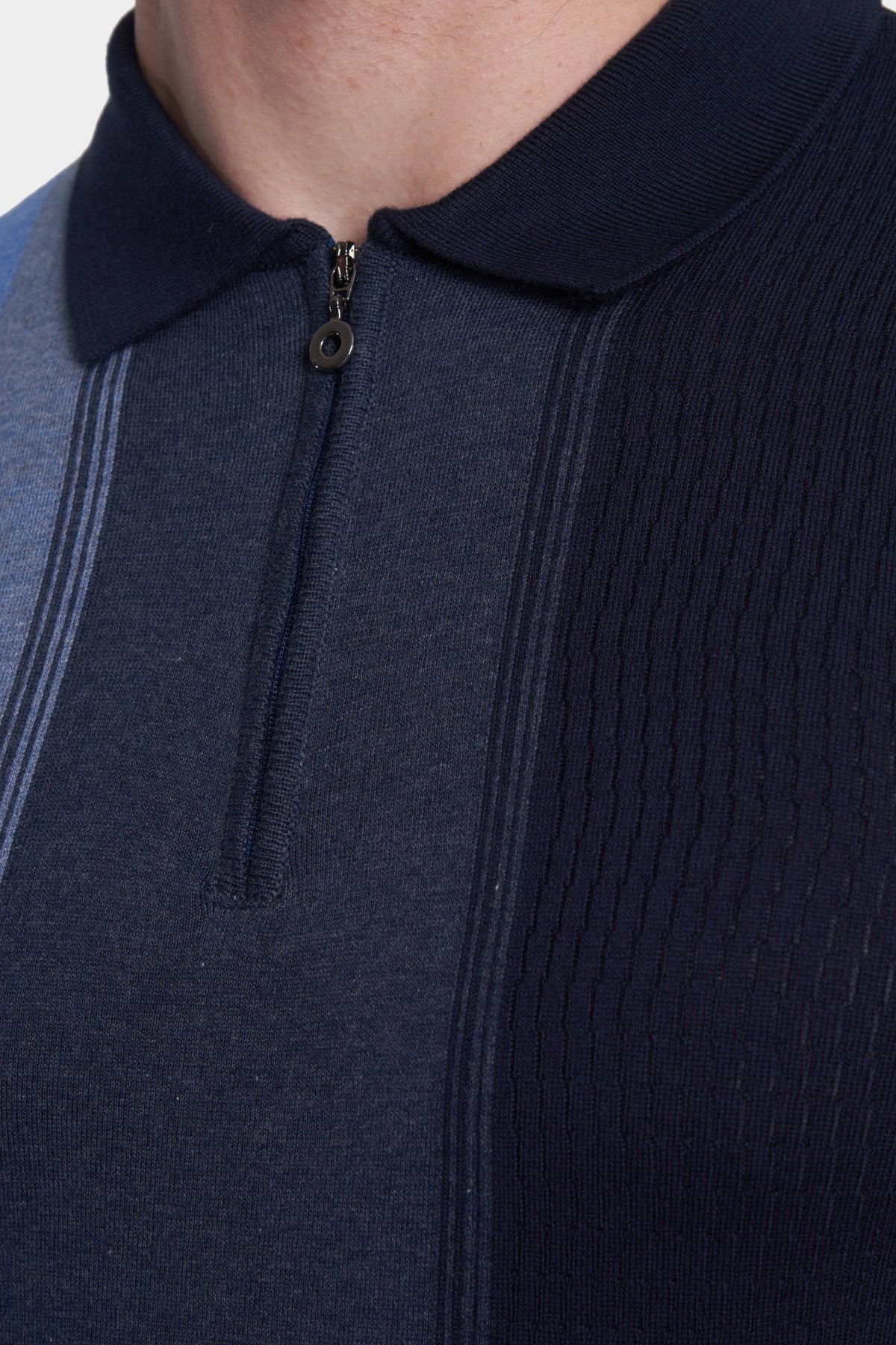 Dark blue polo knit with ribbed collar and half-zip front, vertical stripe detail