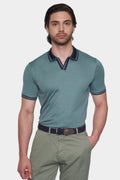 Mercerized cotton open polo shirt, racing green, ribbed navy trim at collar and cuffs