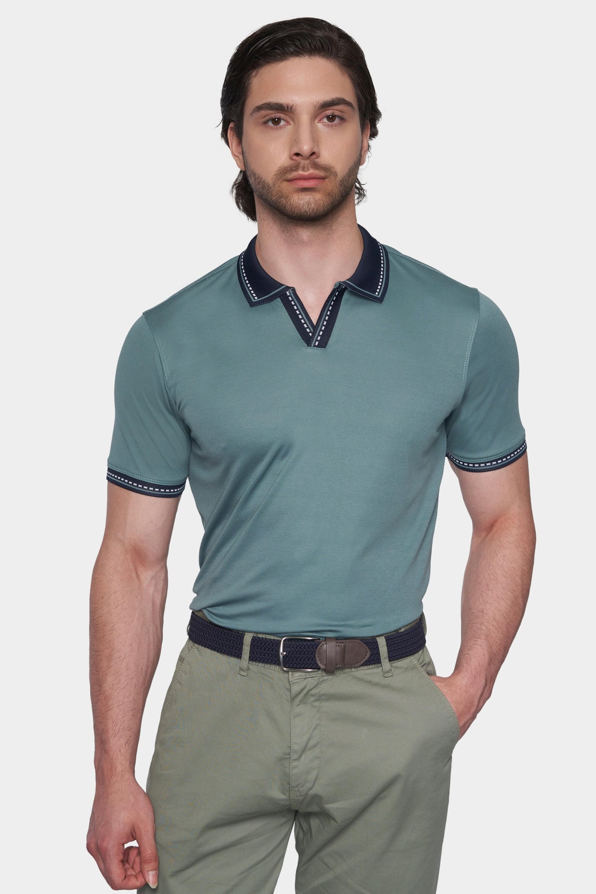 Mercerized cotton open polo shirt, racing green, ribbed navy trim at collar and cuffs