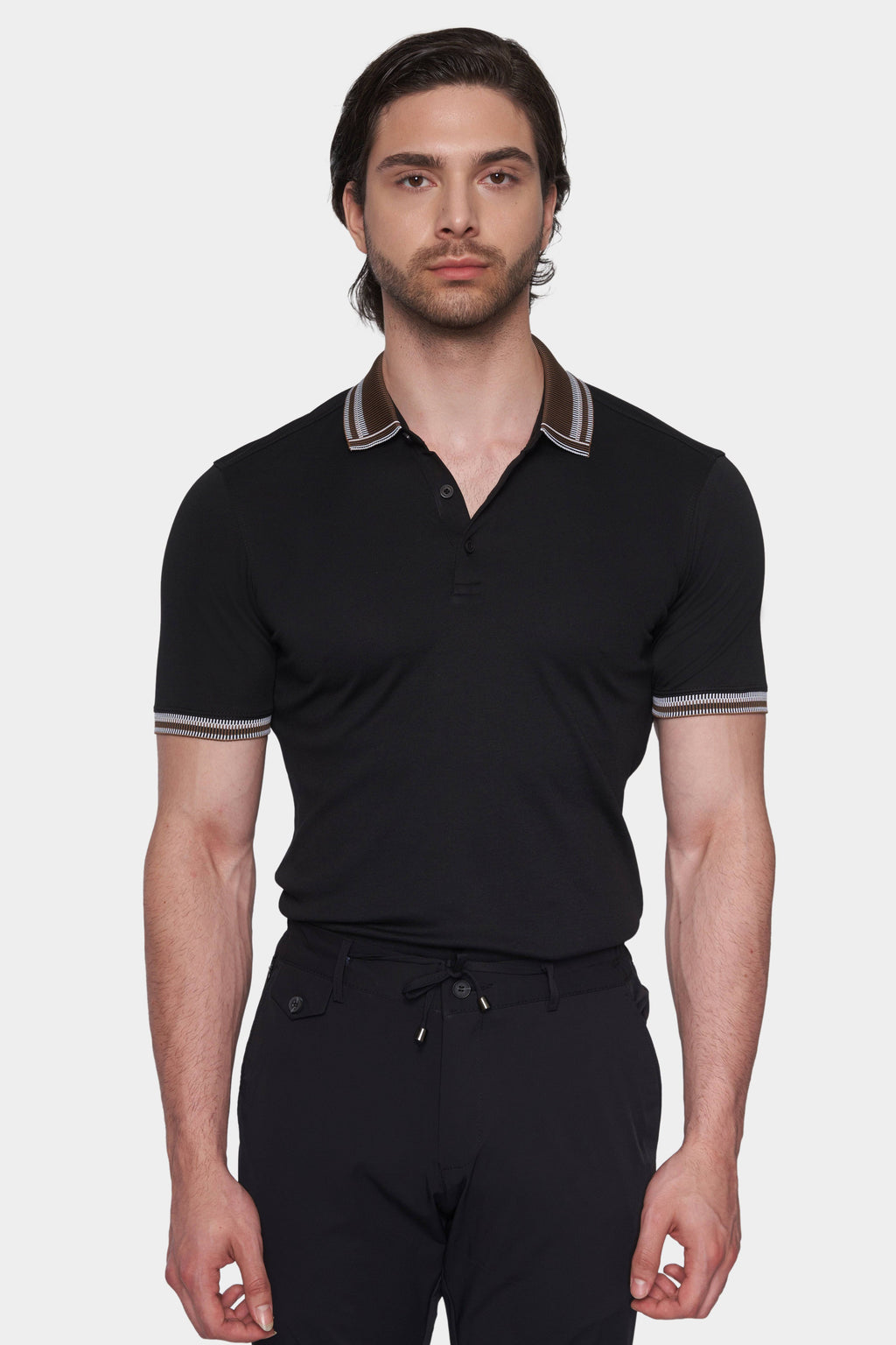 Black mercerized cotton polo with brown striped collar and button placket