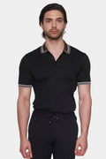 Black mercerized cotton polo with brown striped collar and button placket