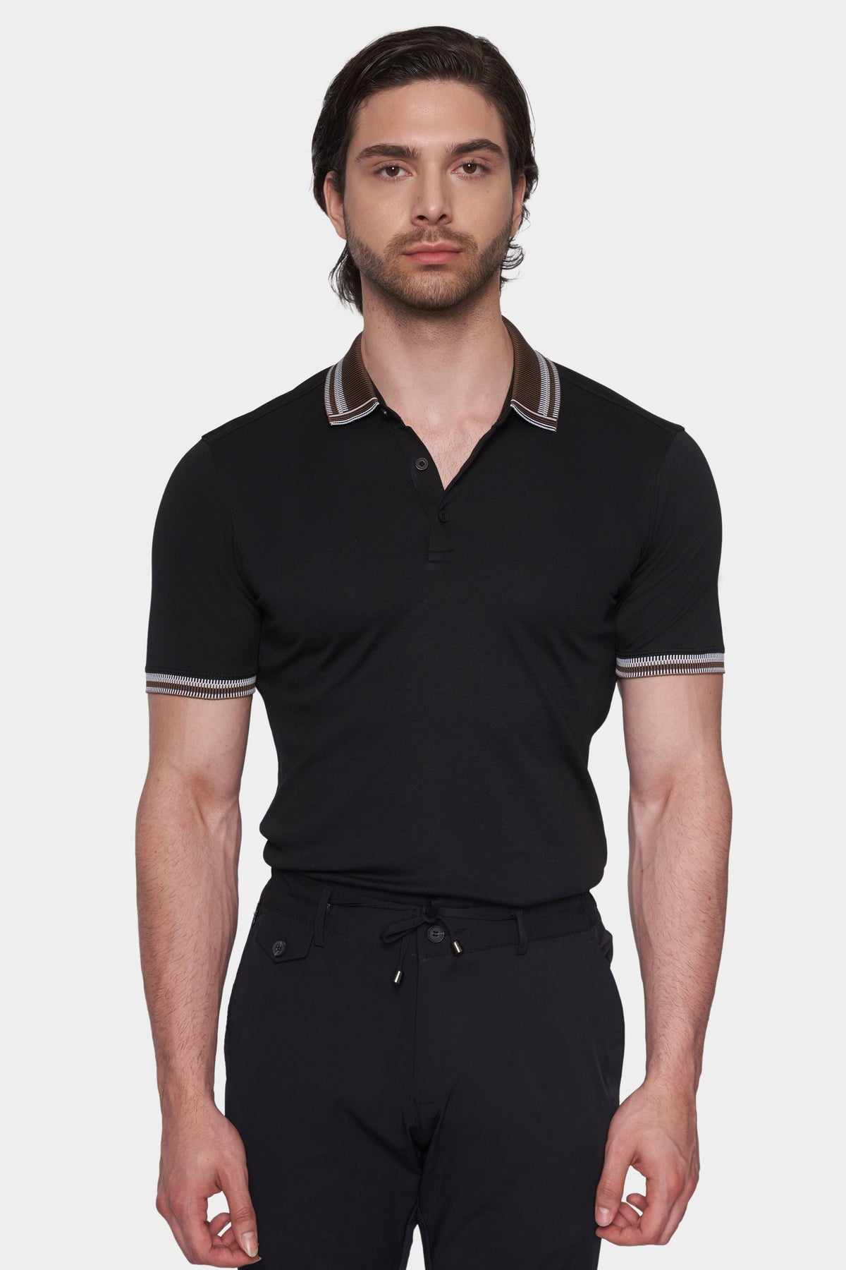 Black mercerized cotton polo with brown striped collar and button placket