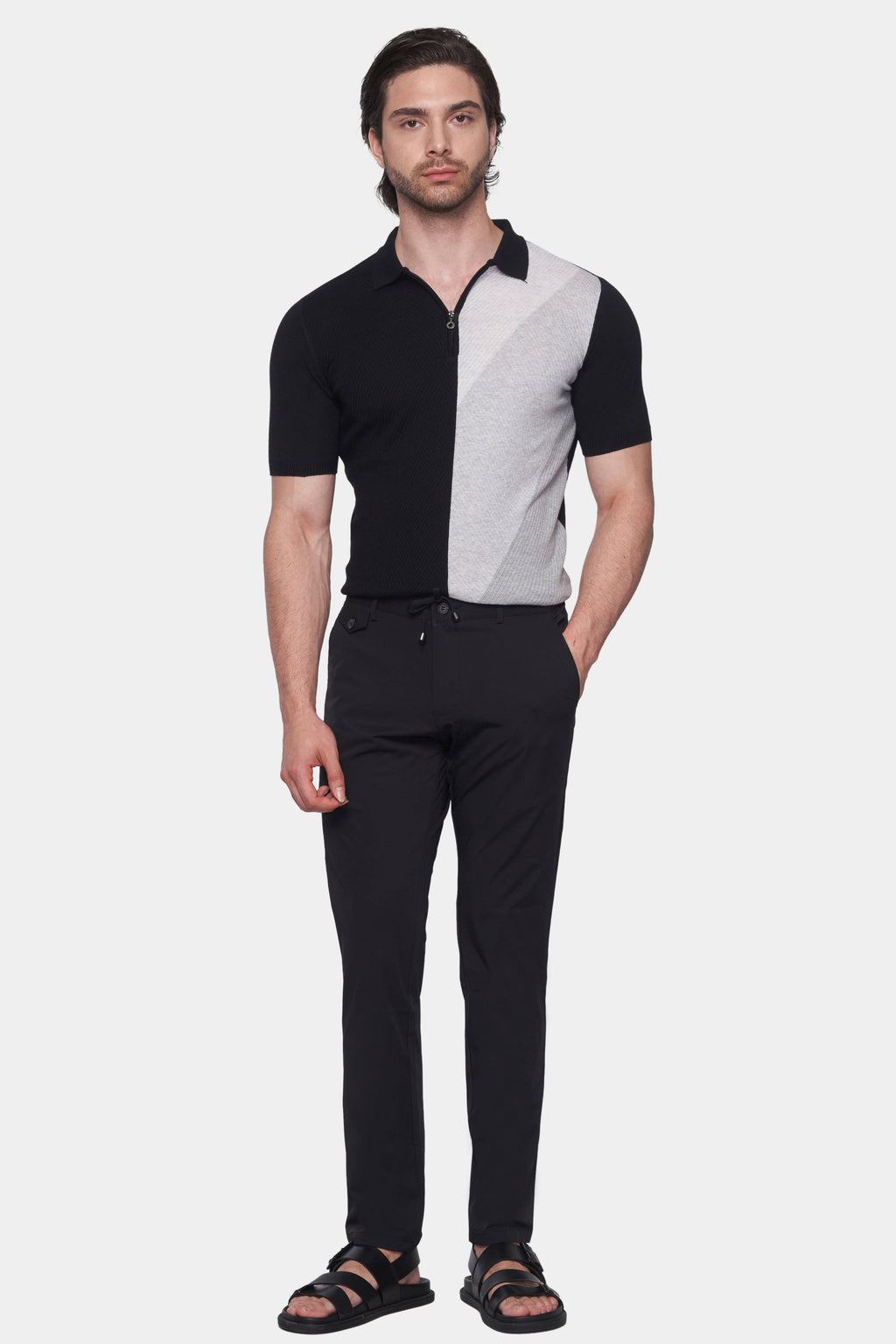Black and white color-block cotton polo shirt with zip front and short sleeves