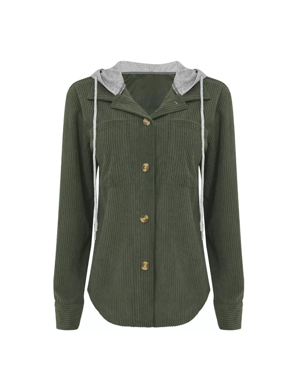 Army green corduroy hooded button-down jacket, front view with gold buttons