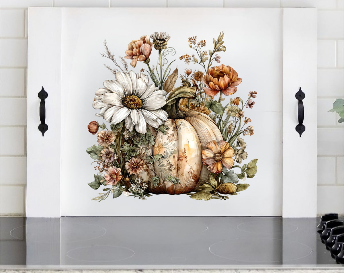 Fall floral pumpkin stove cover with decorative autumn flowers on white fabric