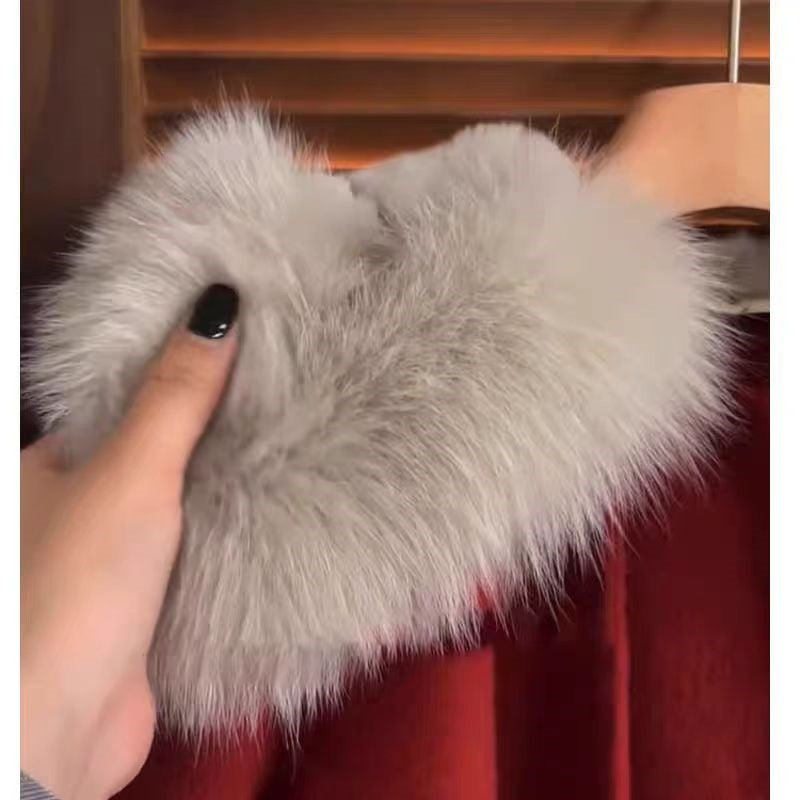Light gray-white faux fur hood panel with soft plush texture
