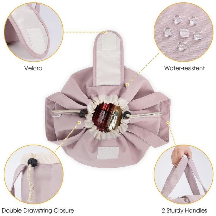 Lavender barrel drawstring makeup bag with inner pocket, velcro tab, and two handles