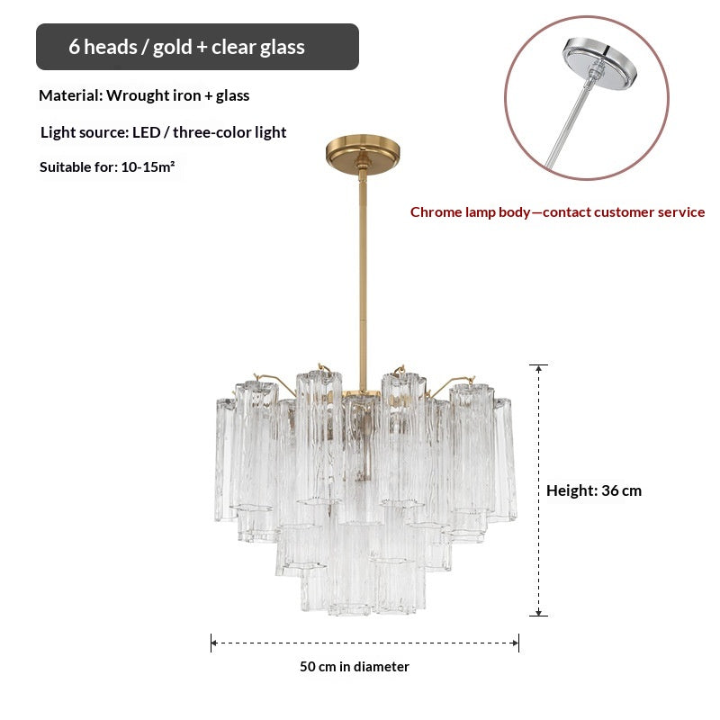Tiered clear glass tube chandelier with gold frame, 6-light design