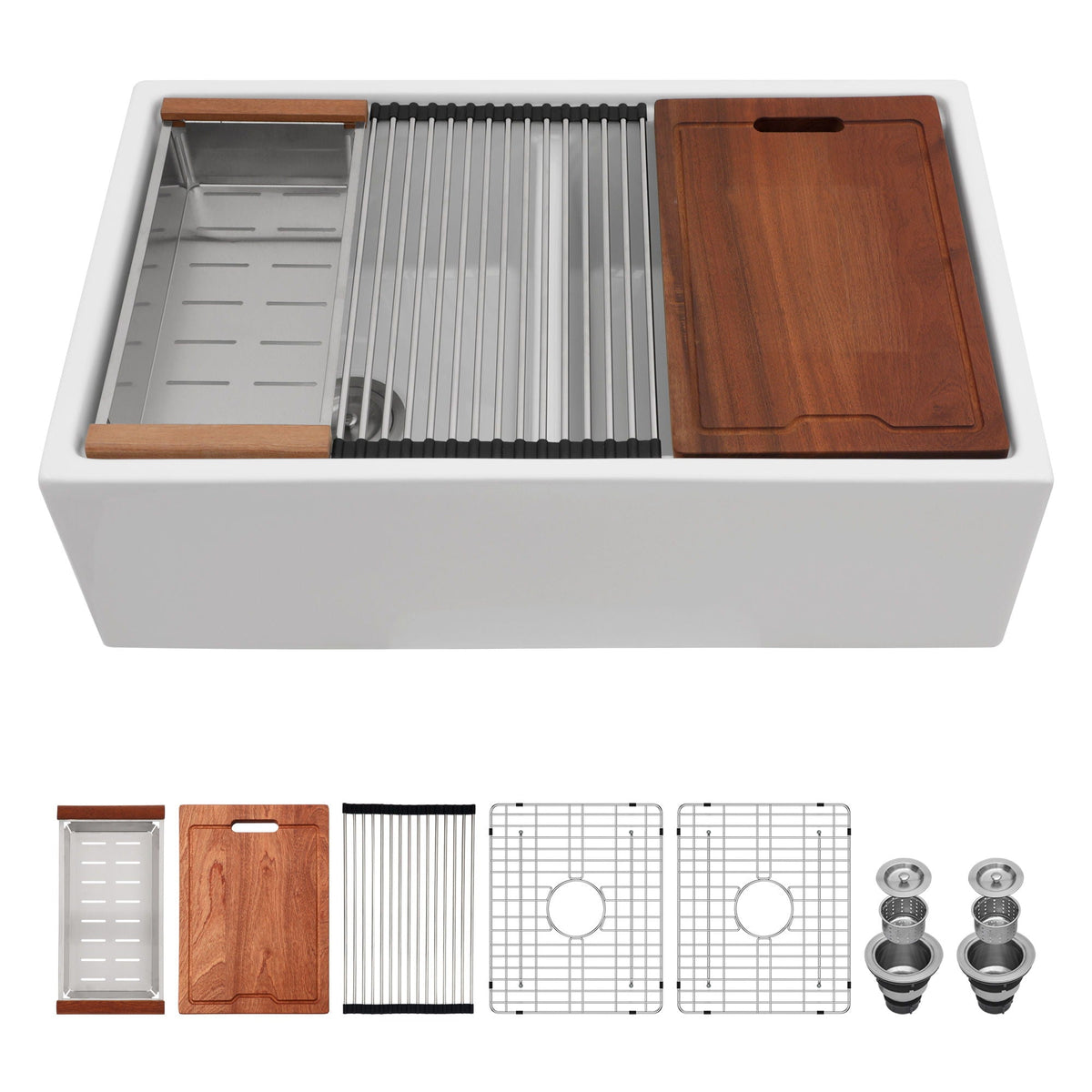White ceramic double-bowl kitchen sink with central ribbed ledge and wood cutting board