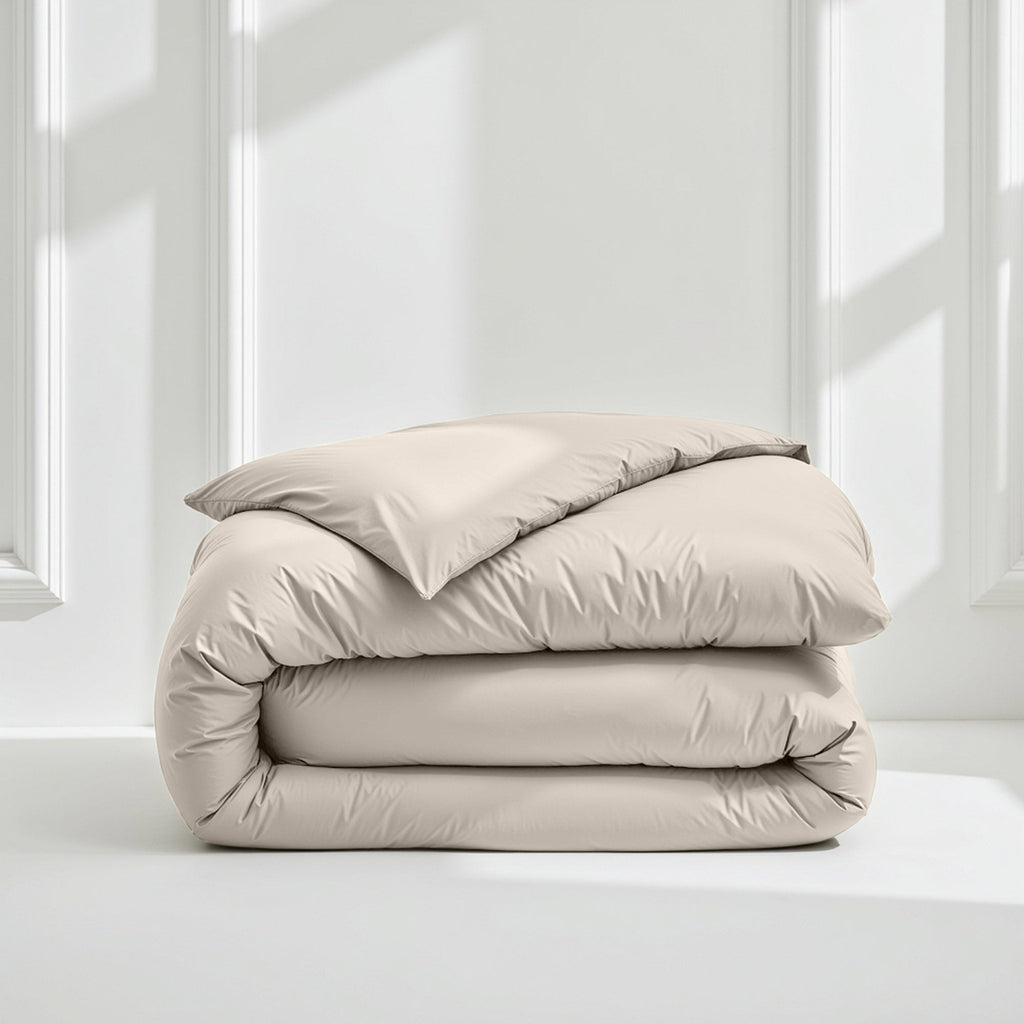Sateen bedding set with rolled comforter in light beige/taupe color