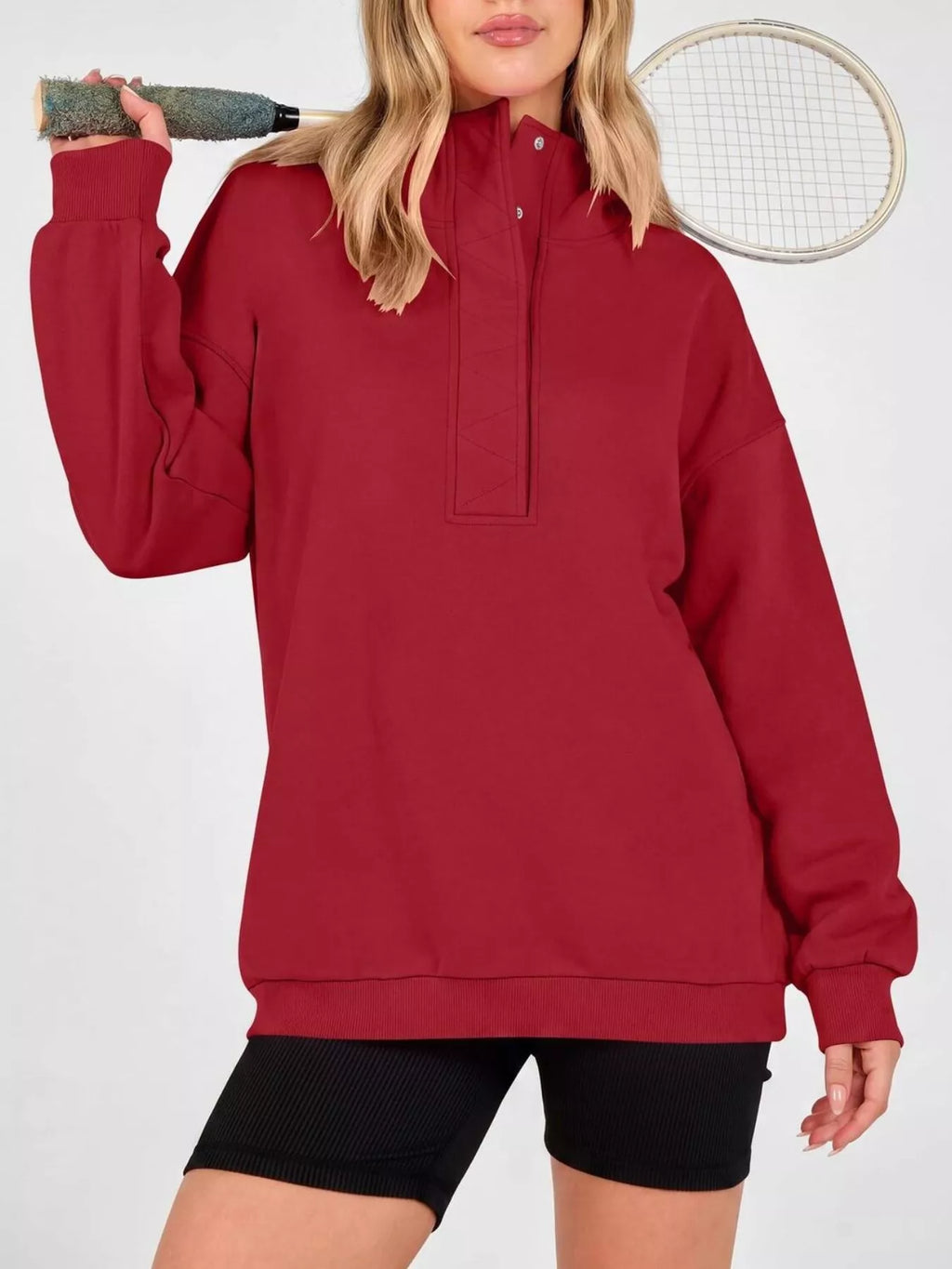 Red half-snap dropped-shoulder hoodie with front kangaroo pocket and hood