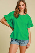 Plus size green ruffle short-sleeve blouse with raw hem