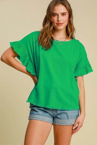 Plus size green ruffle short-sleeve blouse with raw hem