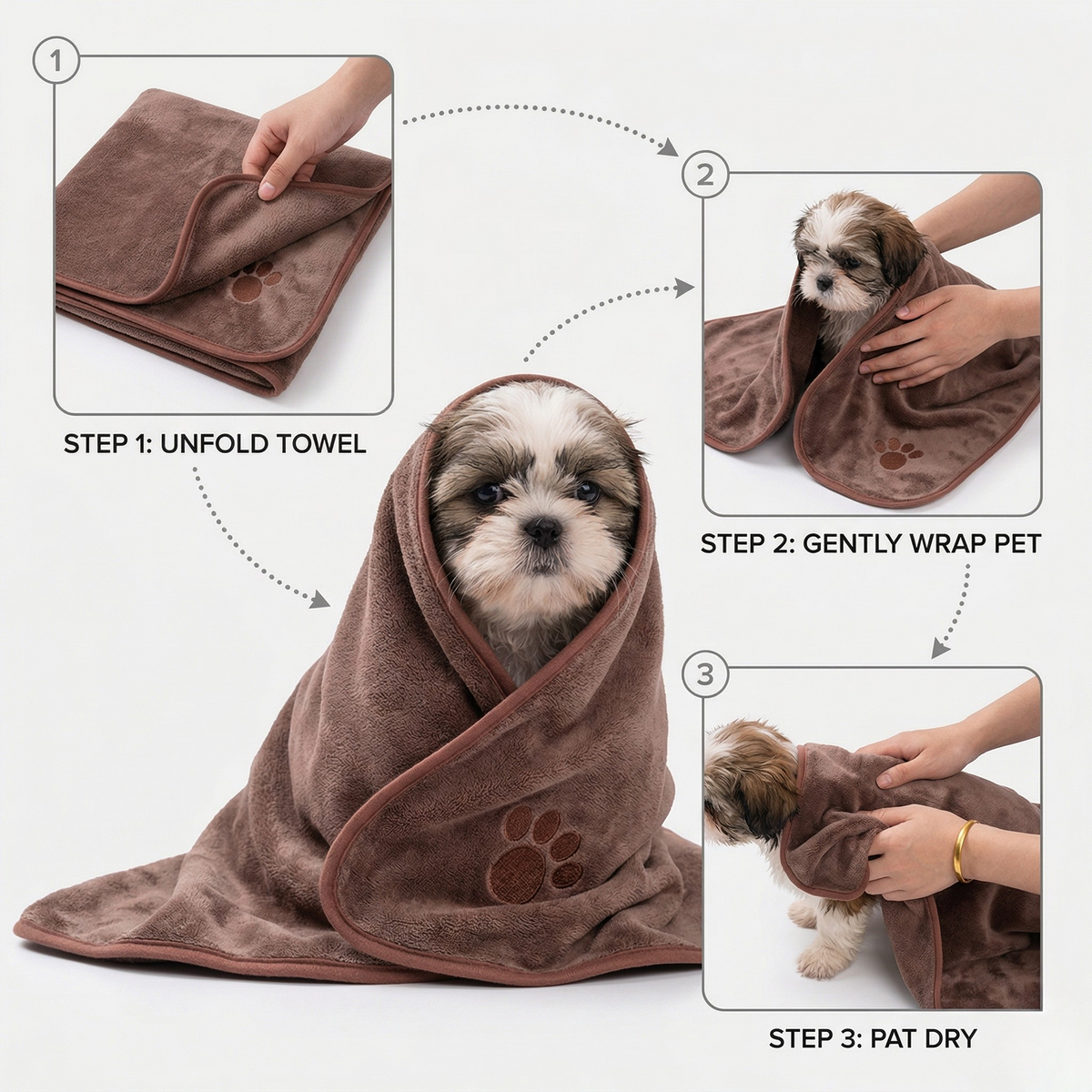 Quick-dry towel in brown with paw-print icon, wrapped hood-style for pet drying