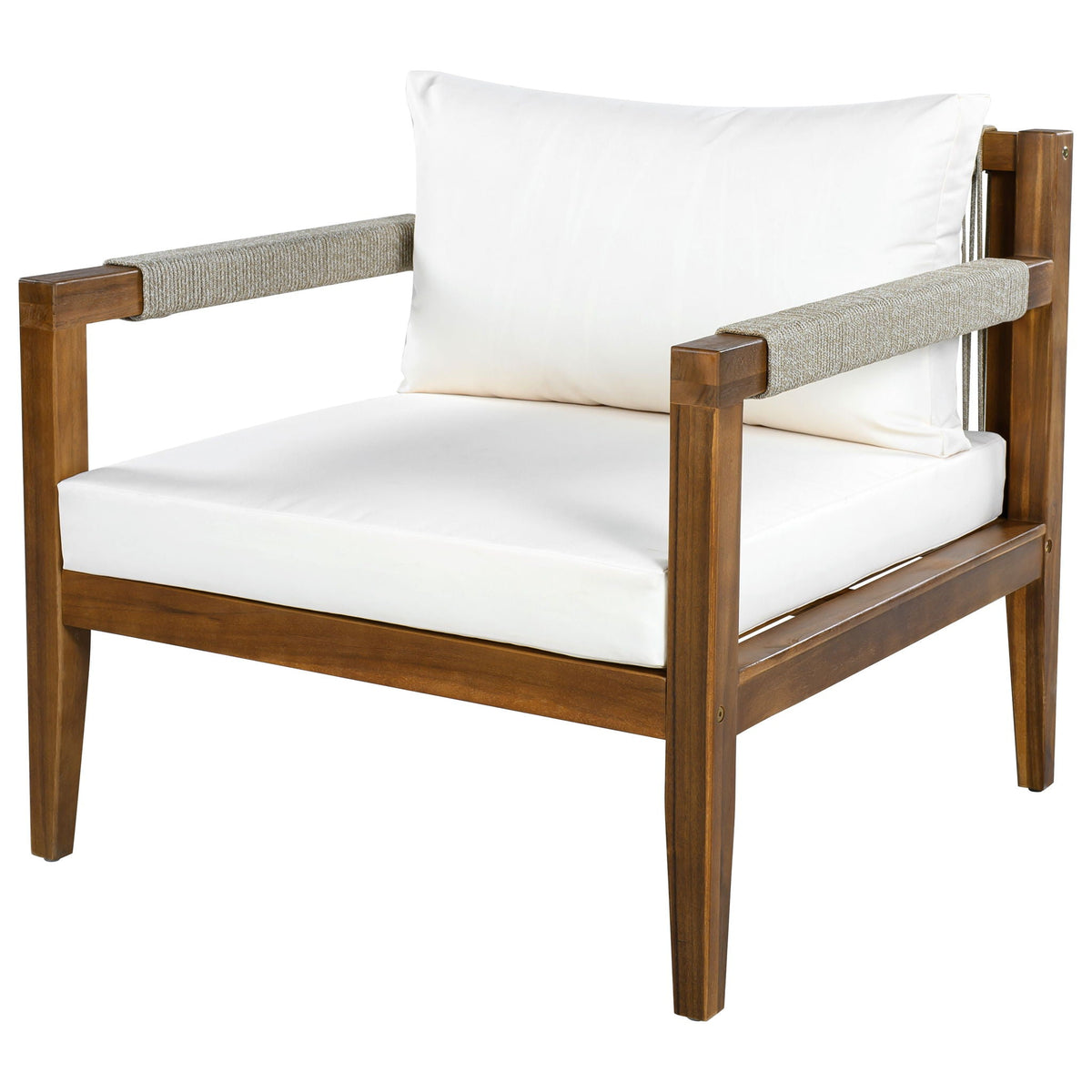 Outdoor accent chair with acacia wood frame, white cushions, gray rope-textured arm panels