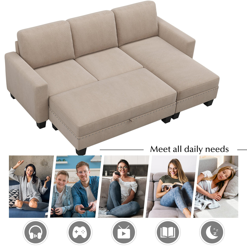 Warm grey sectional sofa with chaise storage, multiple back cushions, and stitched trim