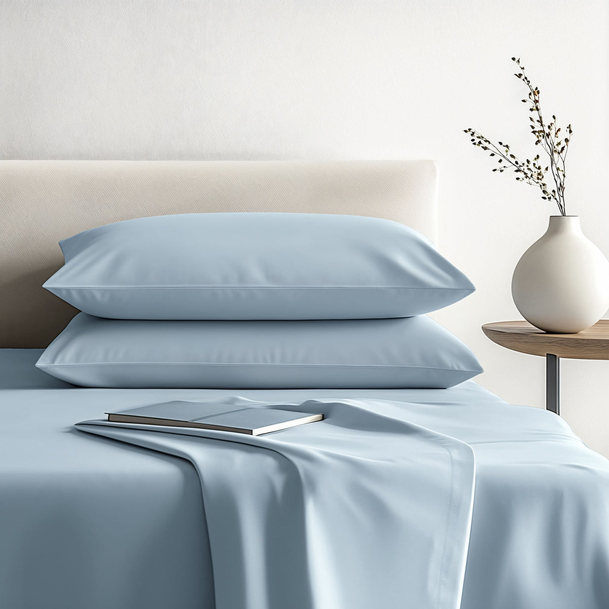Light blue sateen sheet set with pillowcases and coordinated bedding
