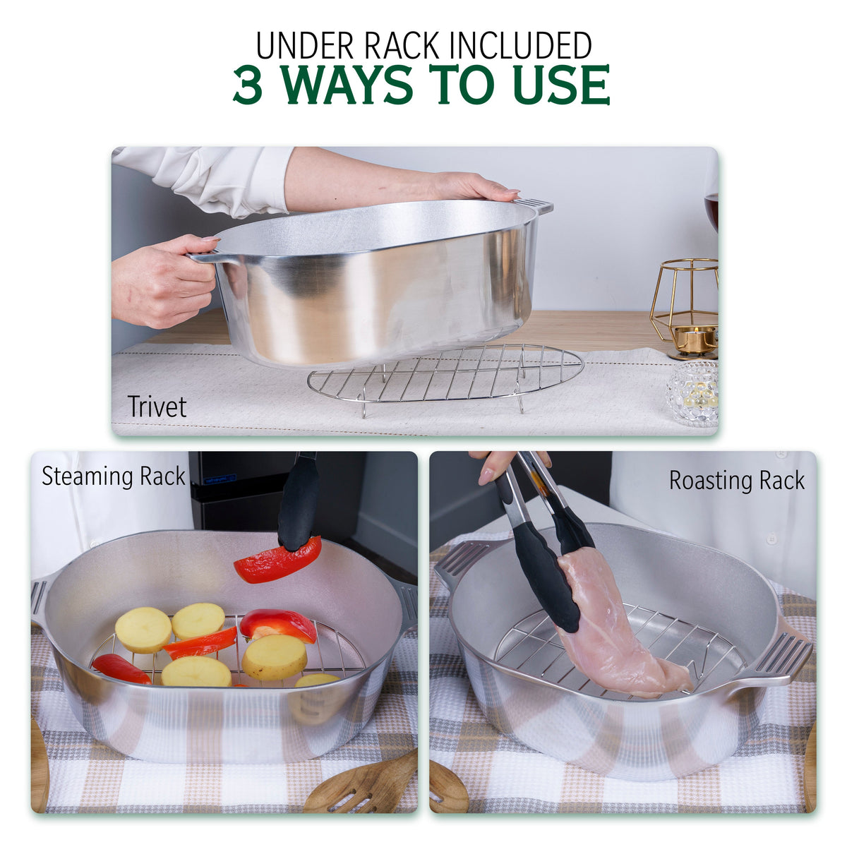 Stainless oval Dutch oven with steaming rack and trivet inside