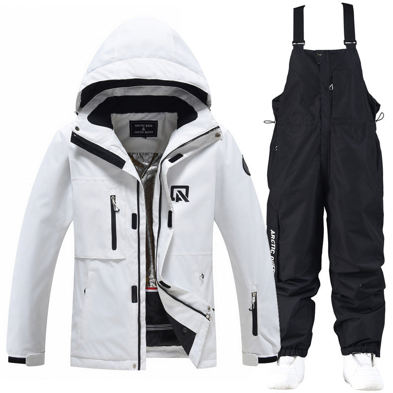White hooded ski jacket with black snow pants set, black trim and adjustable suspenders