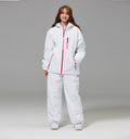 White unisex ski suit set with pink zipper hooded jacket and matching loose pants