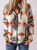 Geometric snap-down jacket with black snap placket and orange, navy stripe print