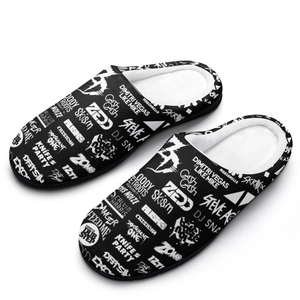 Black cotton slip-on slippers with white text and logo pattern, cushioned insole