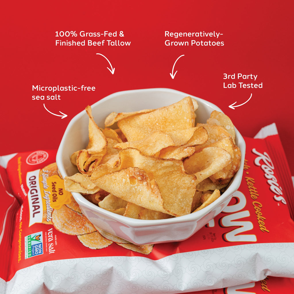 Bowl of tallow potato chips with ingredient callouts above and beside it