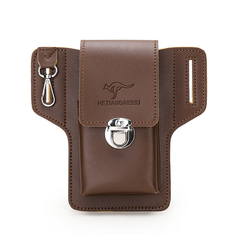 Brown leather men's waist bag with flap buckle and kangaroo logo