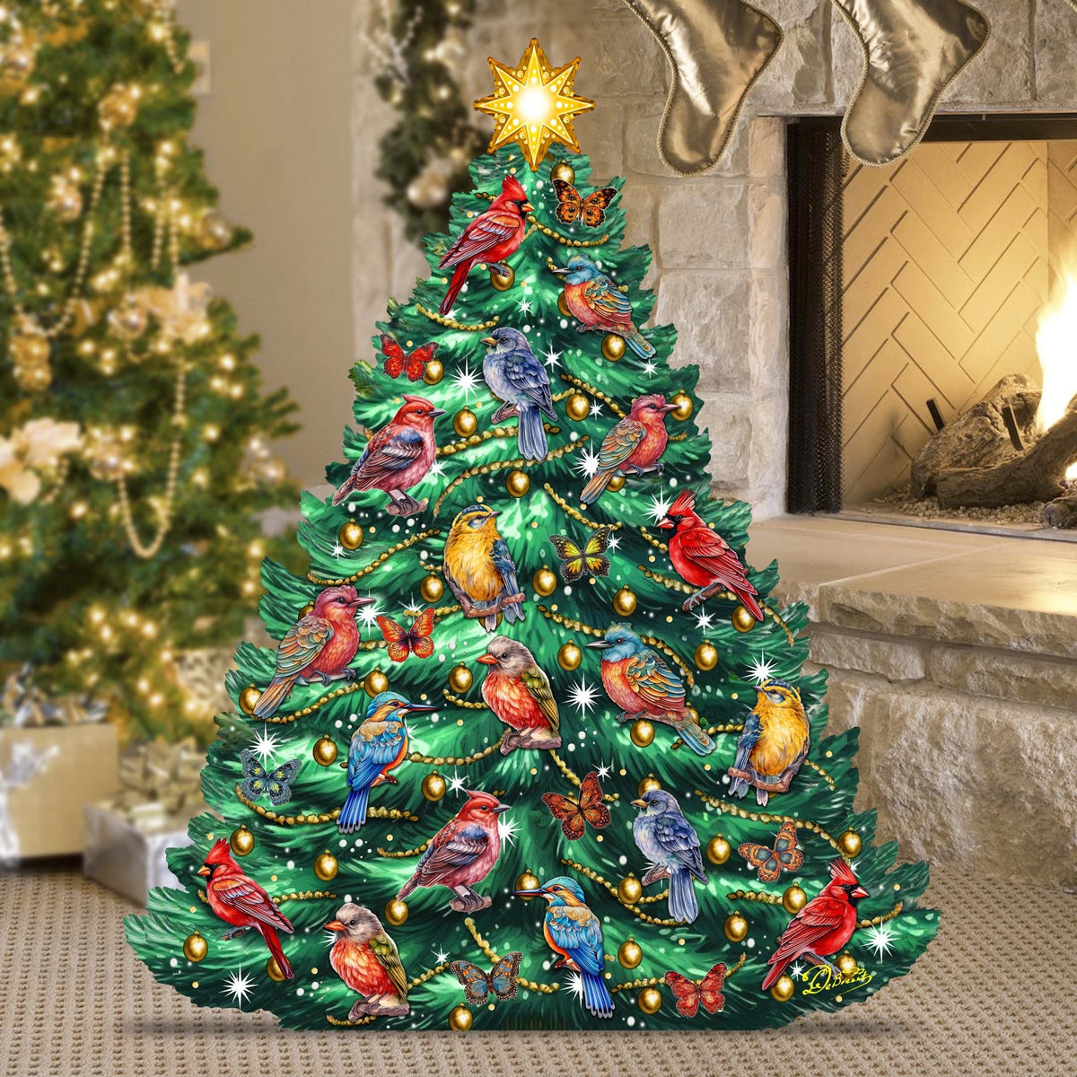 Wooden Christmas decorative tree with colorful birds, ornaments, and gold star topper
