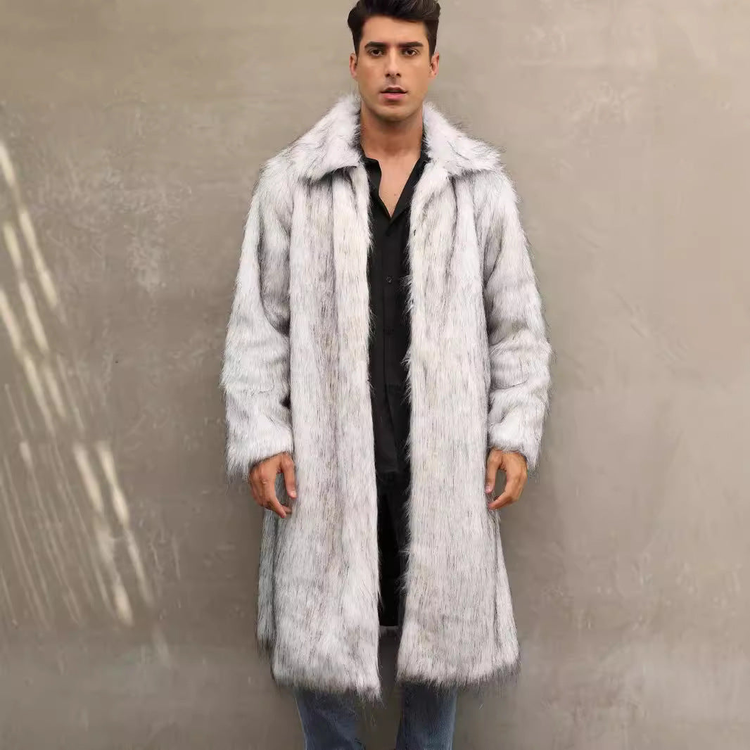 Mens long faux fur coat, light gray and white with notched collar