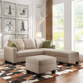 Warm grey fabric L-shaped sectional sofa set with matching ottoman and accent pillows