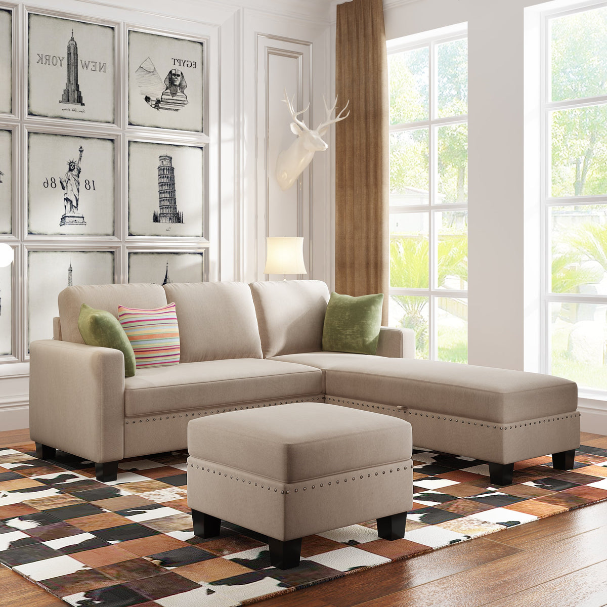 Warm grey fabric L-shaped sectional sofa set with matching ottoman and accent pillows