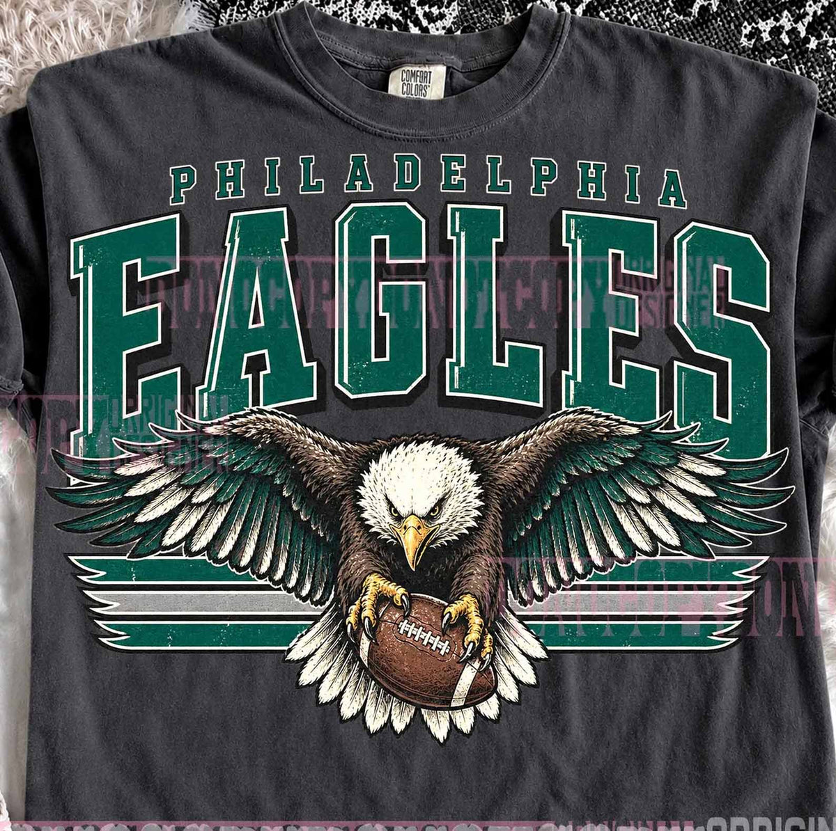 Dark charcoal crewneck tee with retro Philadelphia Eagles graphic and eagle illustration