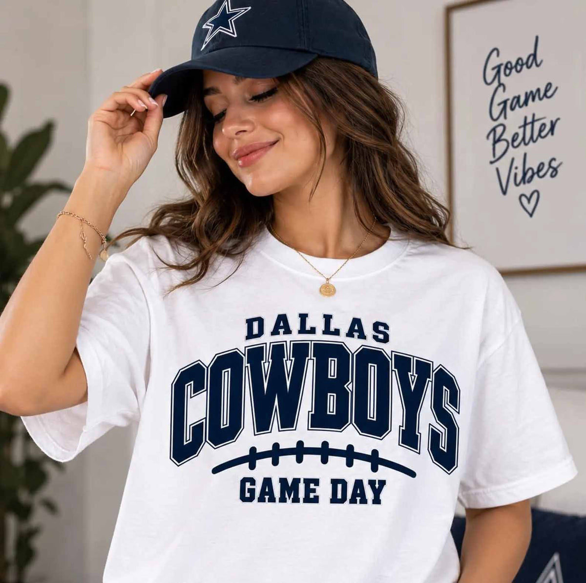 White Dallas Cowboys Game Day graphic T-shirt with bold team logo and text