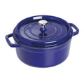 Dark blue enameled cast iron Dutch oven with domed lid and side handles