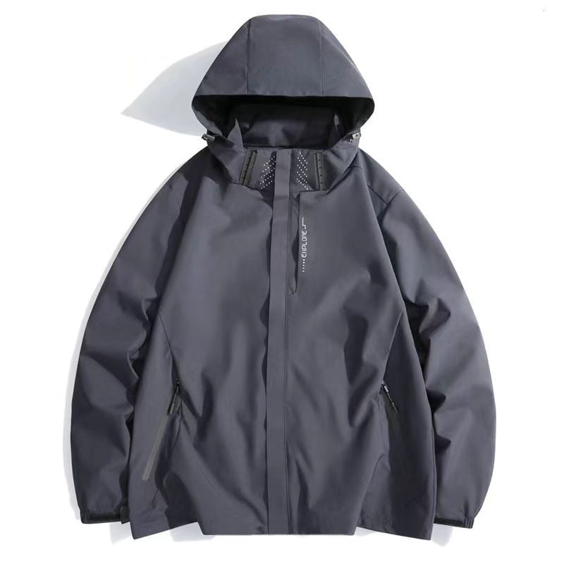 Men's windproof waterproof jacket, gray, hooded with zip front and utility pocket detail
