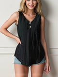Black sleeveless V-neck button-front vest with textured knit and gold buttons