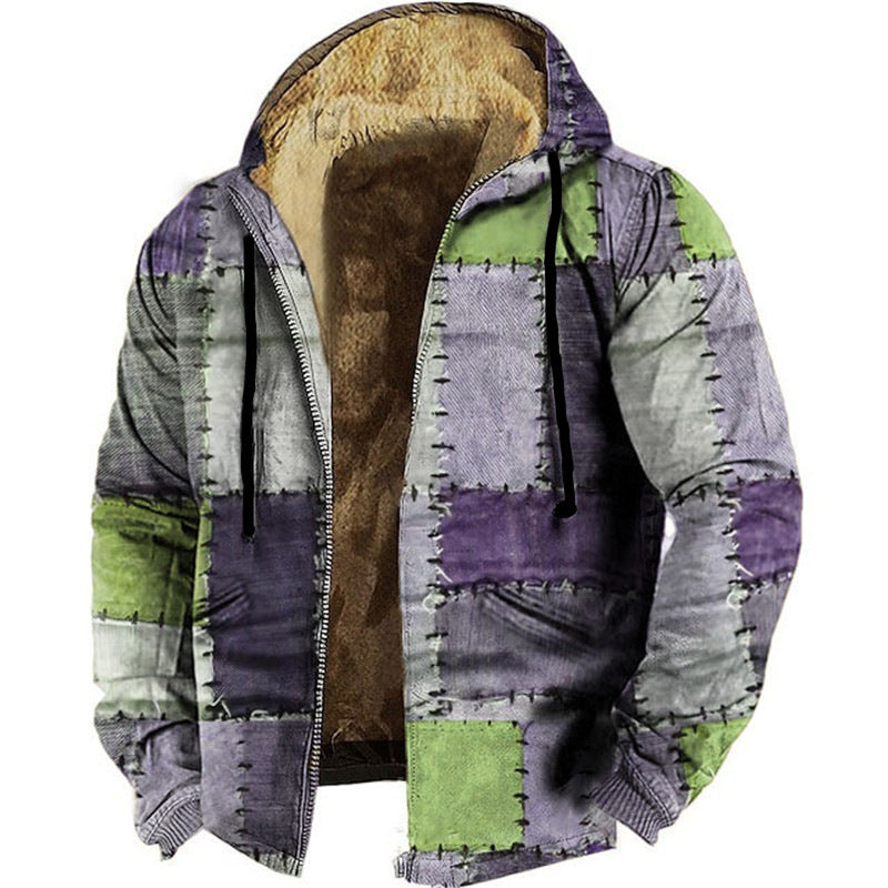 Patchwork hooded padded jacket with zip-front, tan lining, green and purple sleeve panels