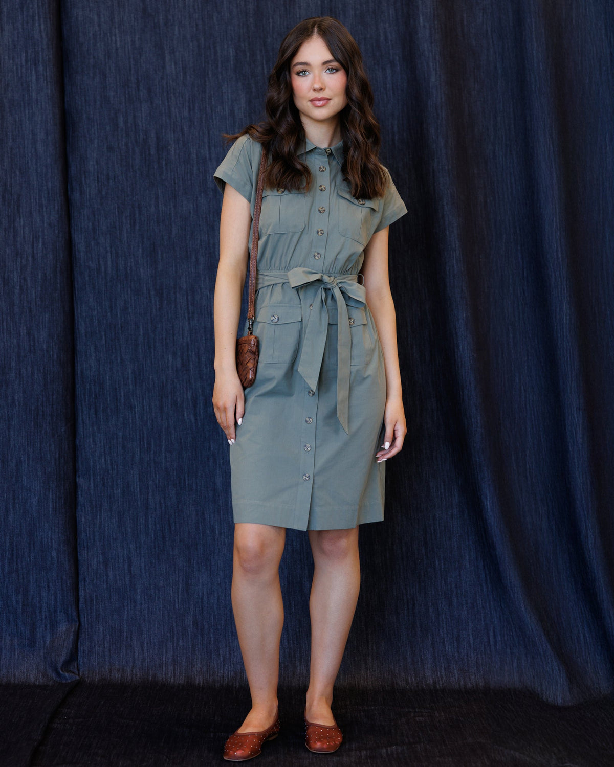 Women’s midi button-front dress with collar, tie belt, chest pockets, sage blue