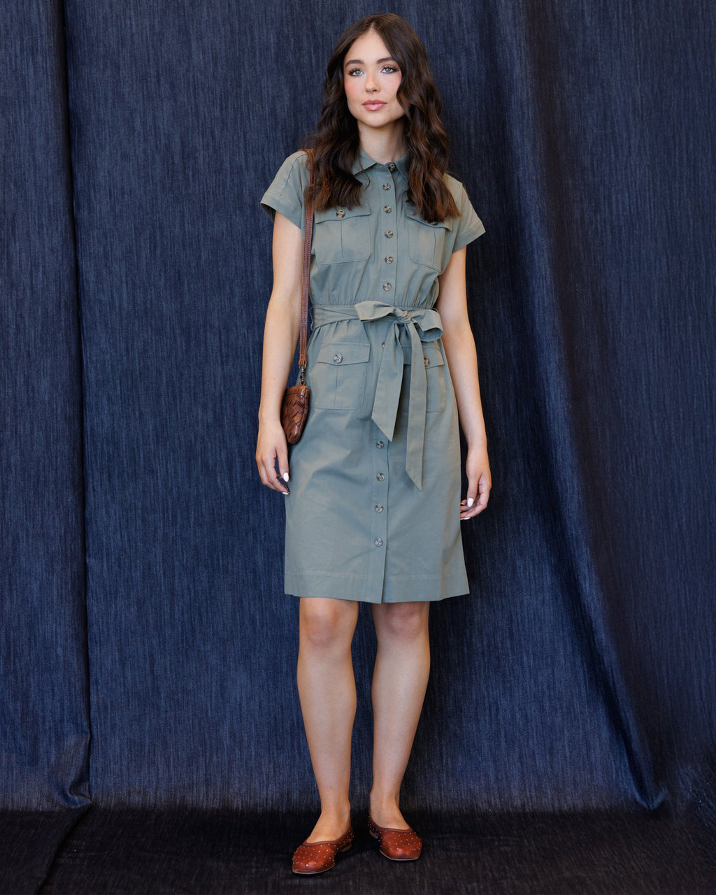 Women’s button-front cap-sleeve dress with tie belt, chest pockets, sage blue