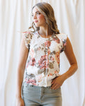 Cream floral sleeveless cardigan with button front and ruffled armhole detail