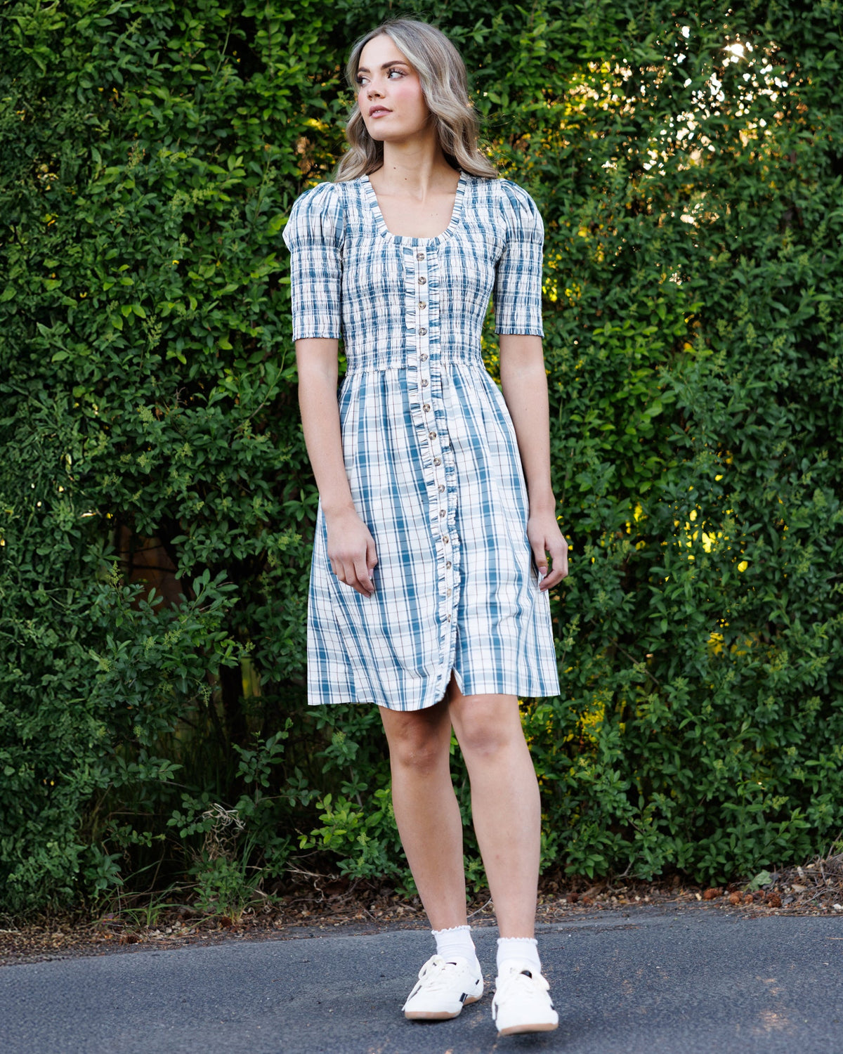 Cream and blue plaid dress with square neckline, button front, short puff sleeves