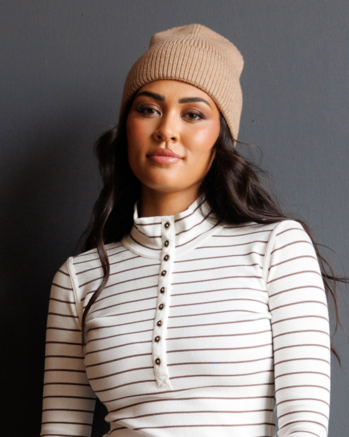 Alpine beanie in tan rib-knit with folded brim