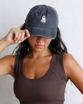 Dark gray baseball cap with embroidered ghost graphic and curved brim